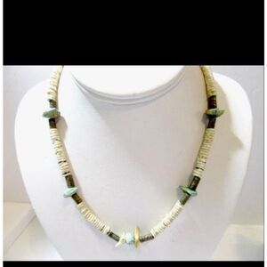 Vintage Boho Surfer Bone Turquoise Beaded Necklace in Cream and Green Unisex